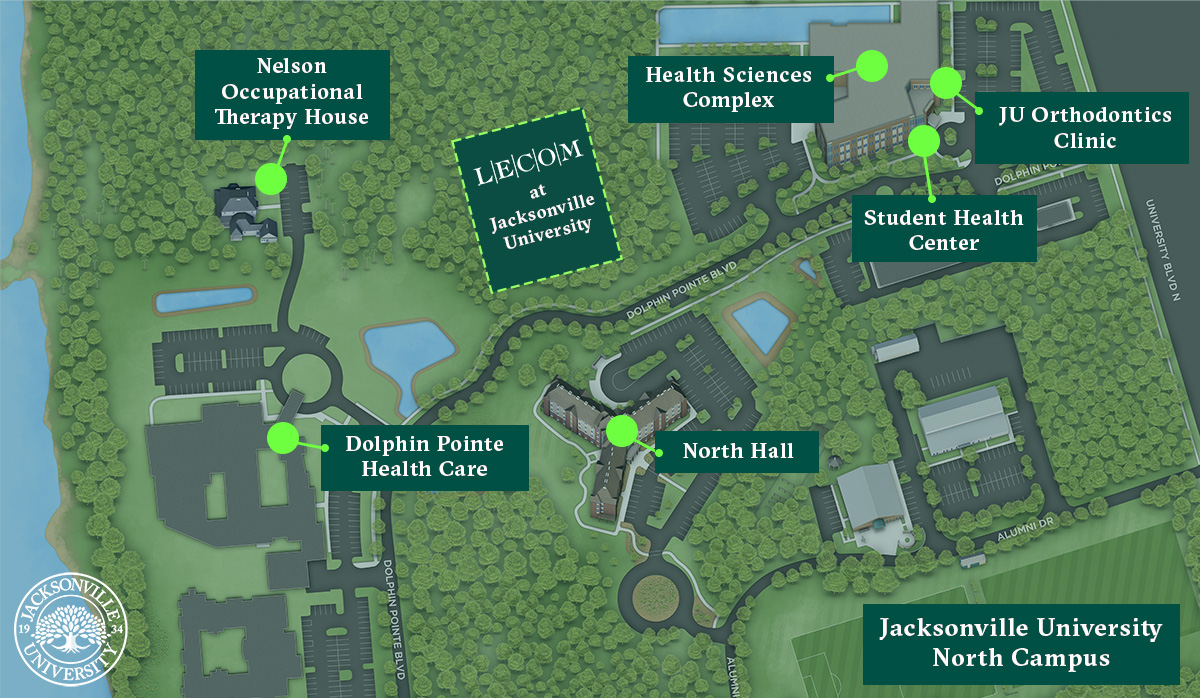 Rendered map of JU's north end of campus to show health sciences buildings
